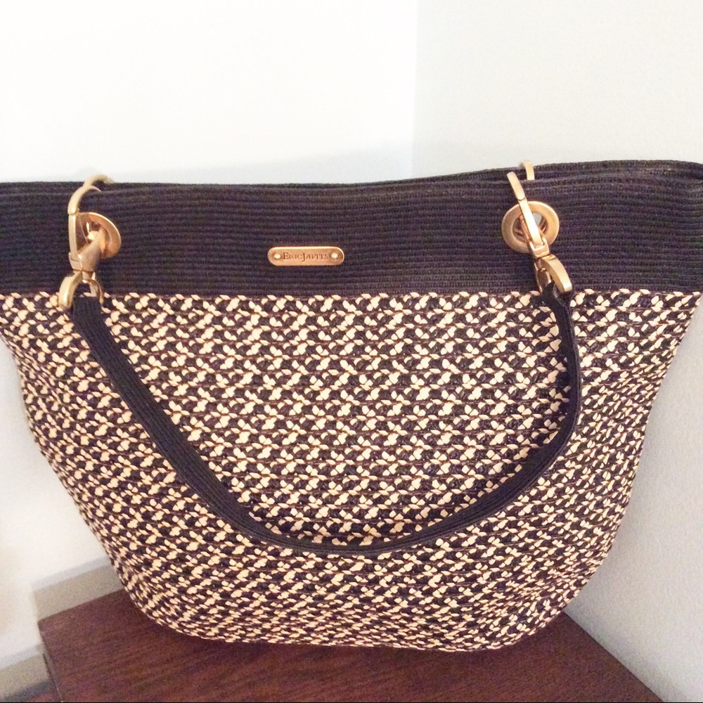 Eric Javits Houndstooth Straw And leather bag new